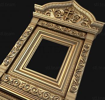 3D модель Киот с треугольным фронтоном, крестом и насыщенной орнаментальной рамкой (STL)